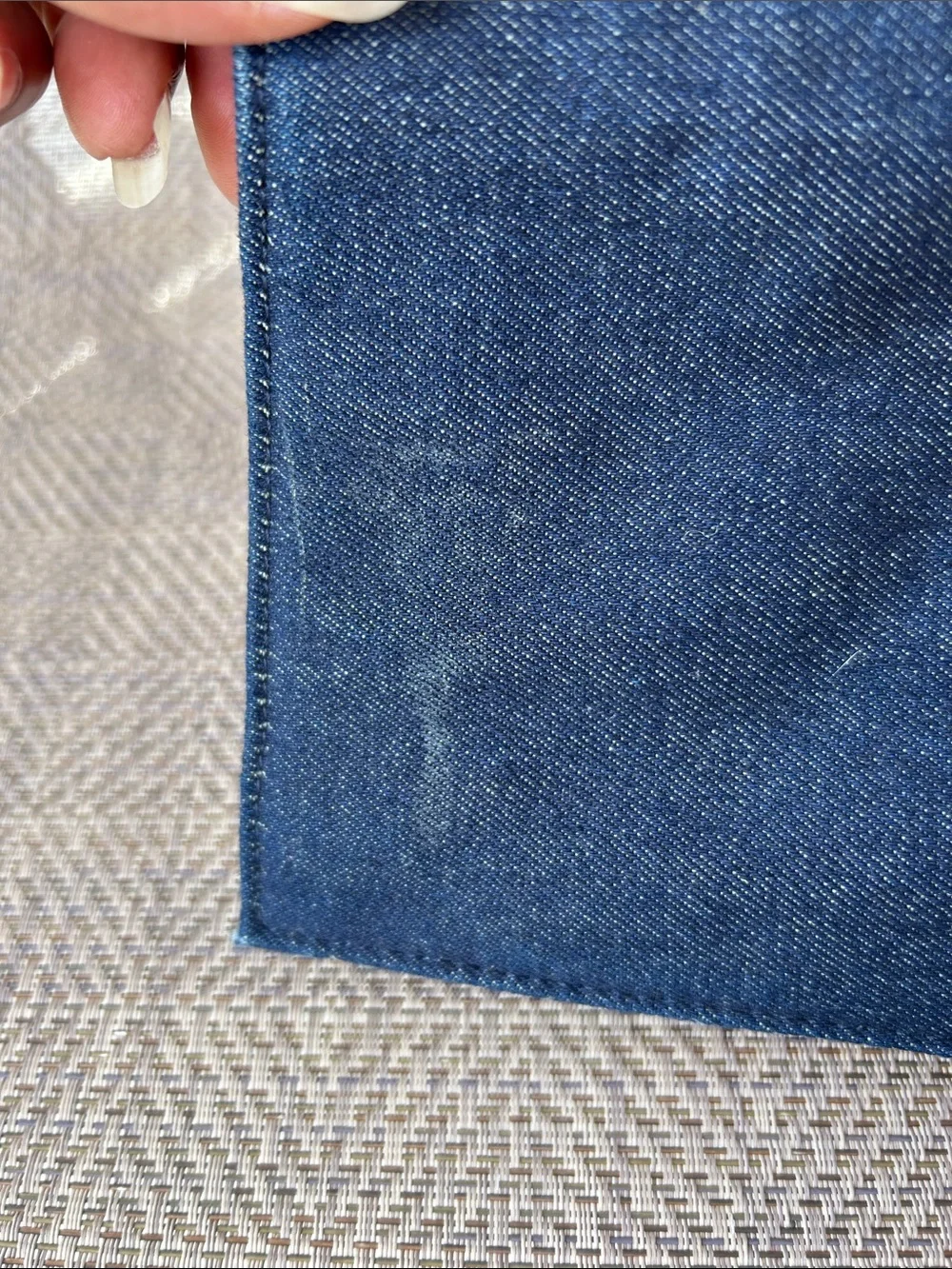 Charter Club Navy Denim mini bag with Blue Floral Embroidery and Tan Strap.